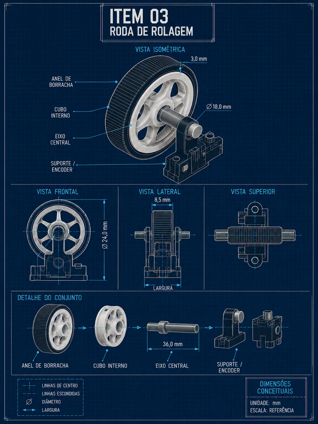 Blueprint em alta resolução do item 03, roda de rolagem: fundo azul de prancheta, vista isométrica com anel de borracha, cubo interno, eixo central e suporte/encoder, vistas frontal, lateral e superior com cotas, e detalhe do conjunto desmontado. Selo: dimensões conceituais.